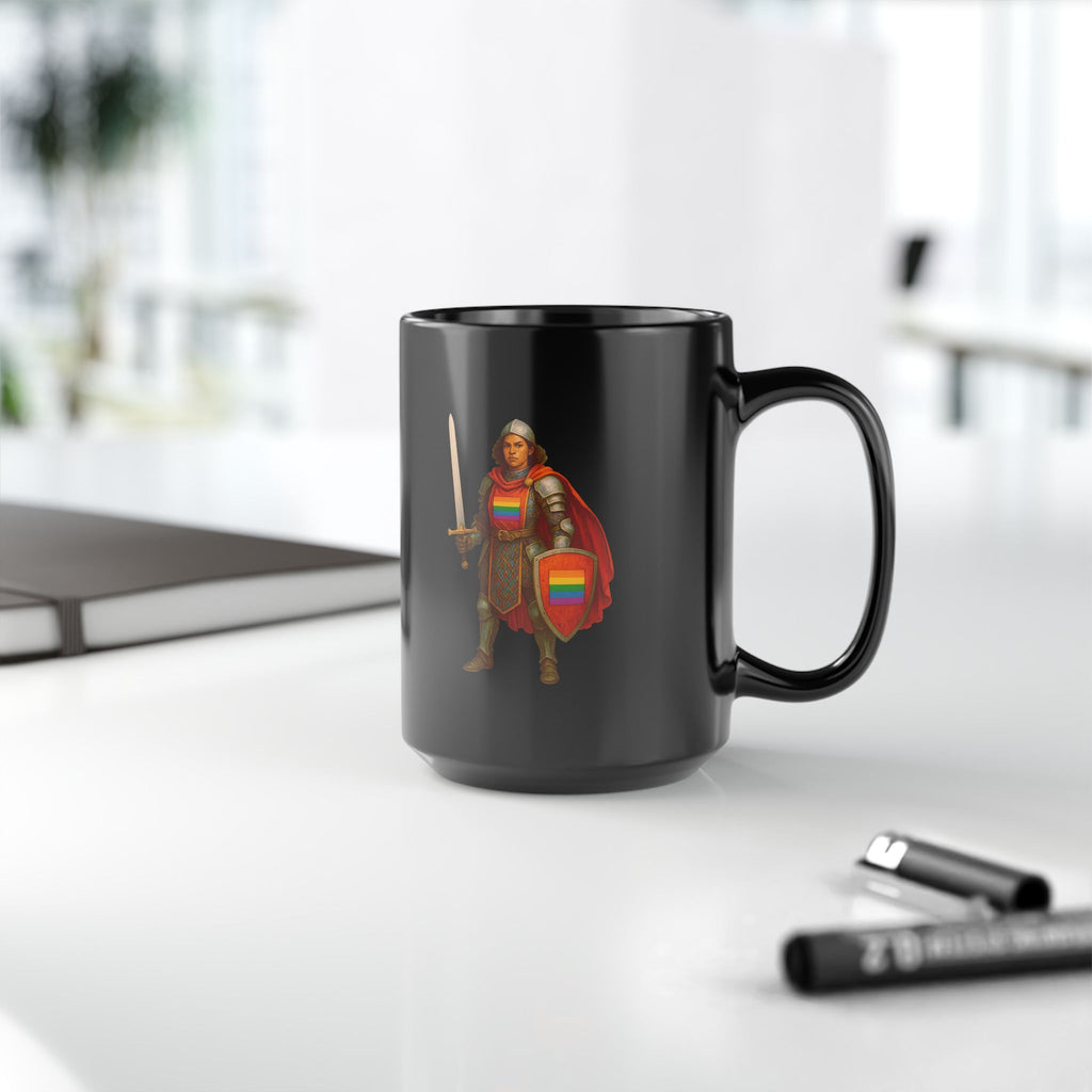 Rainbow Paladin Mug — Black Ceramic Mug with Pride Shield and Cape - Mutantur Labs LLC