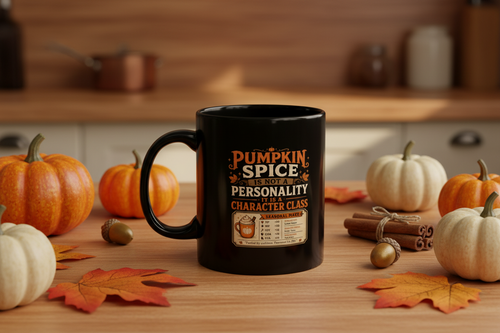 Black ceramic coffee mug printed with 'Pumpkin Spice Is Not a Personality, It's a Character Class.'