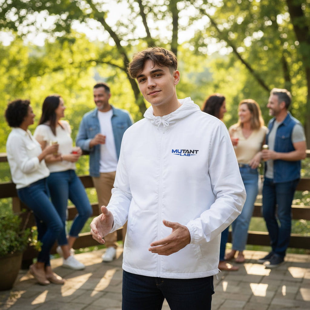 Windbreaker Jacket — Minimal Blue 'MUTANT LABS' Logo Lightweight Hooded Anorak - Mutantur Labs LLC