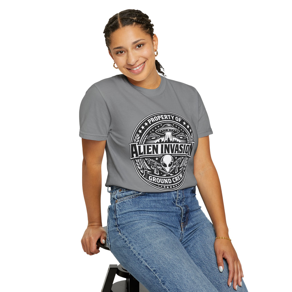 Alien Invasion Ground Crew T-Shirt | UFO Badge Graphic, Comfort Colors tee - Mutantur Labs LLC