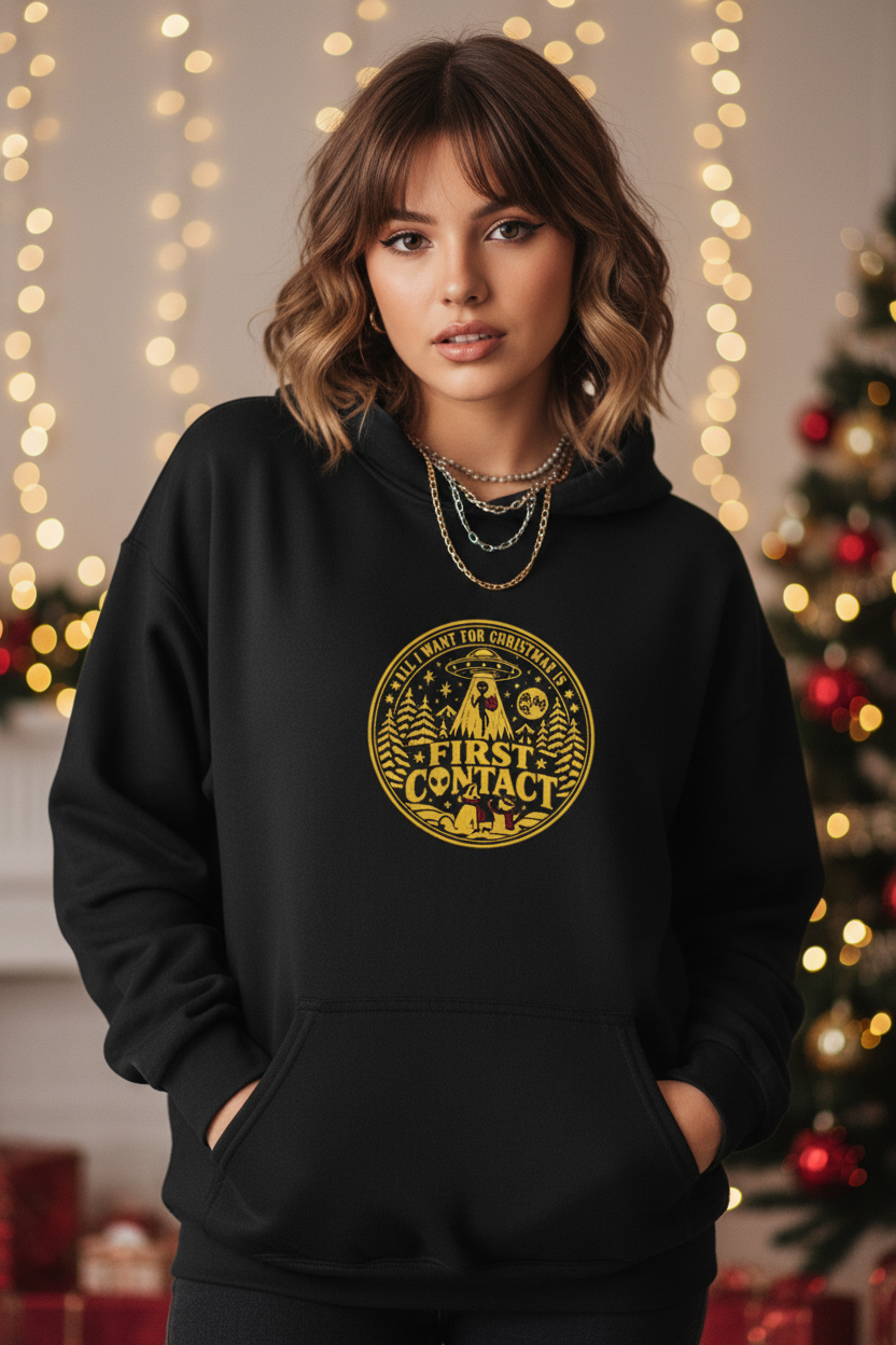 First Contact Hoodie — Retro UFO Alien Graphic Hooded Sweatshirt