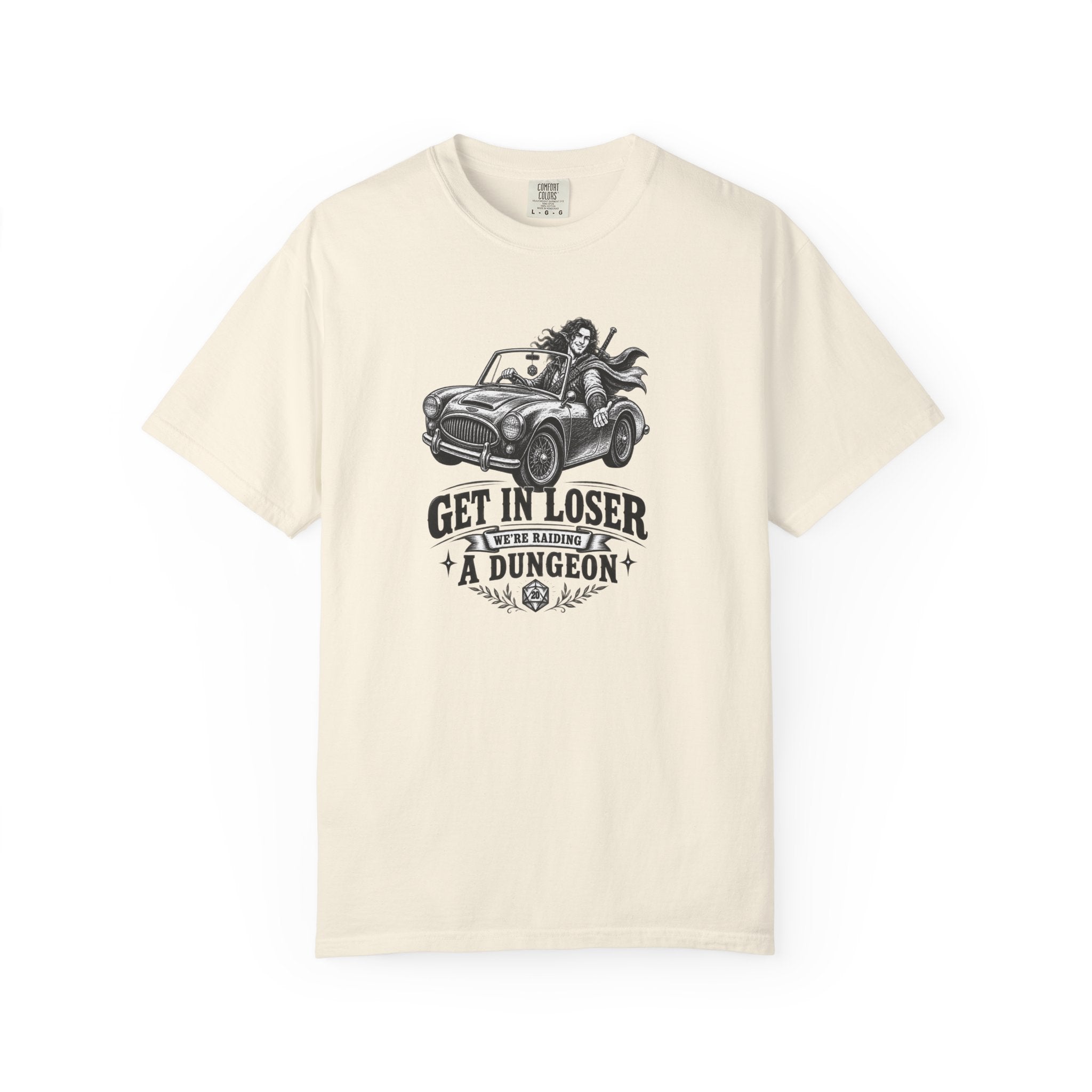 a beige t shirt with an elf gamer sitting in a convertible with the word Gei In Loser We're raiding a dungeon  against a white background