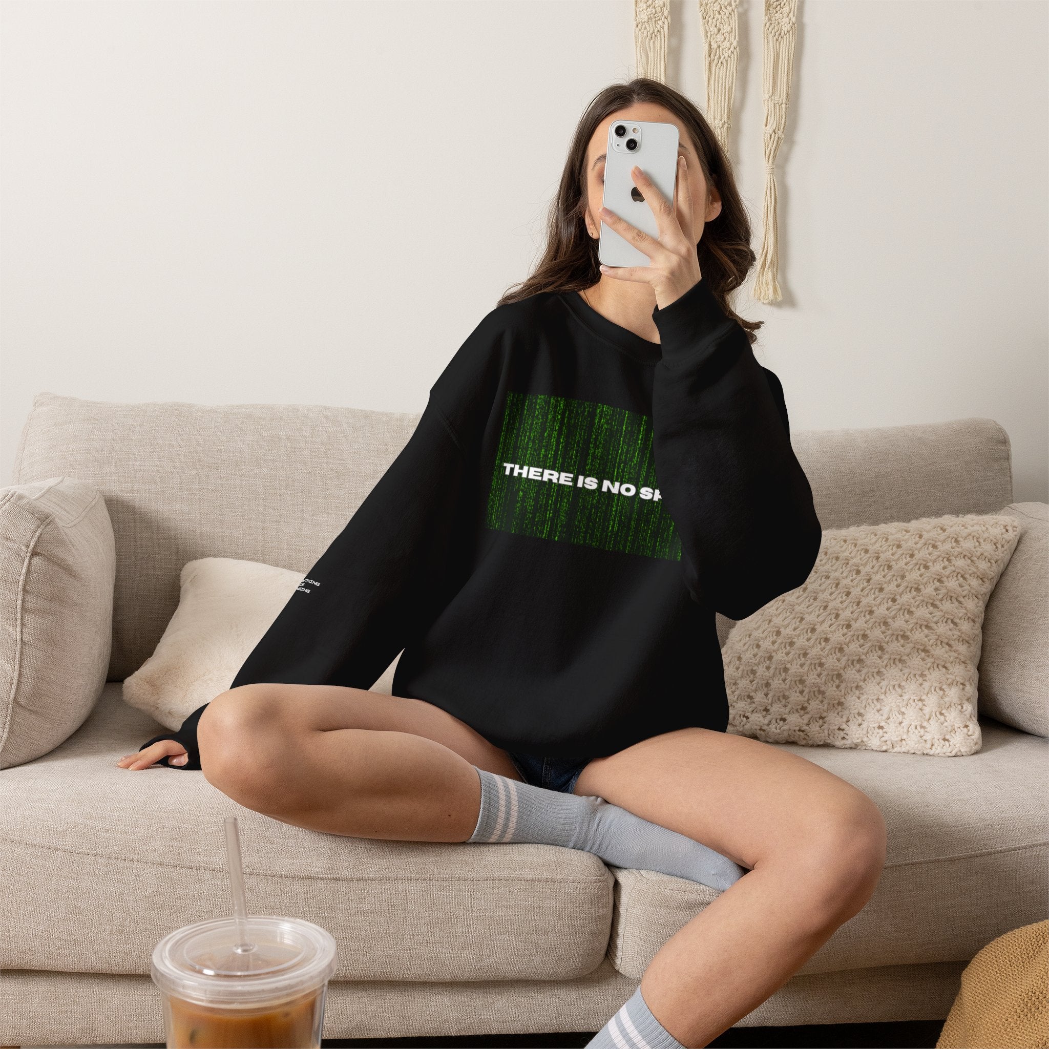 There Is No Spoon Matrix-inspired graphic crewneck sweatshirt, folded view