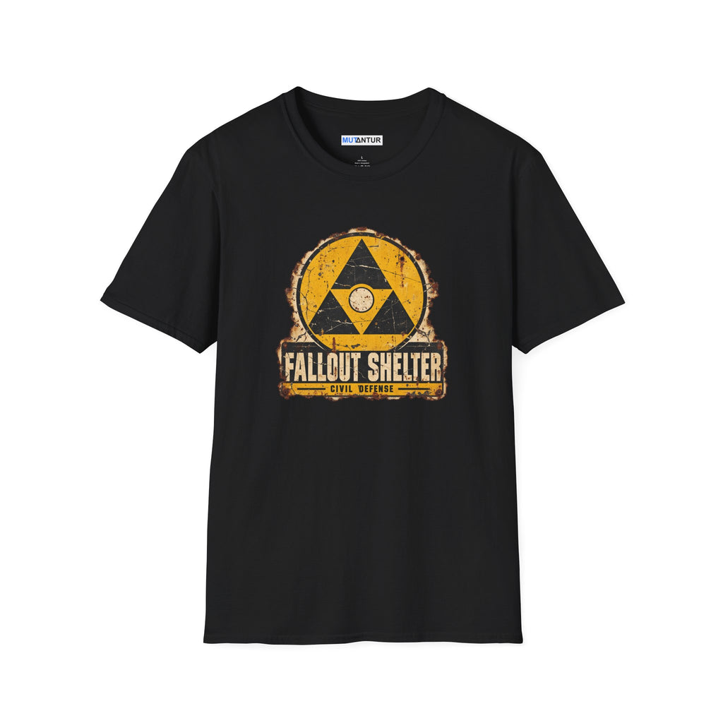 A black  crew neck shirt with a vintage graphic depicting a  yellow and black  Fallout Shelter design with the words Civil Defense at the bottom