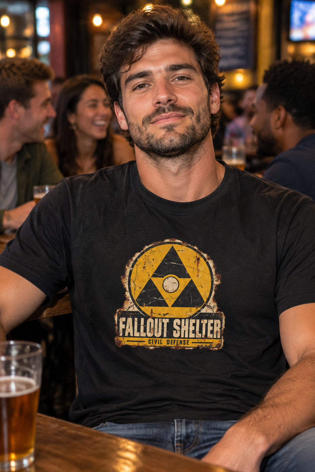 A young man at a club wearing a black   crew neck shirt with a vintage graphic depicting a  yellow and black  Fallout Shelter design with the words Civil Defense at the bottom 

