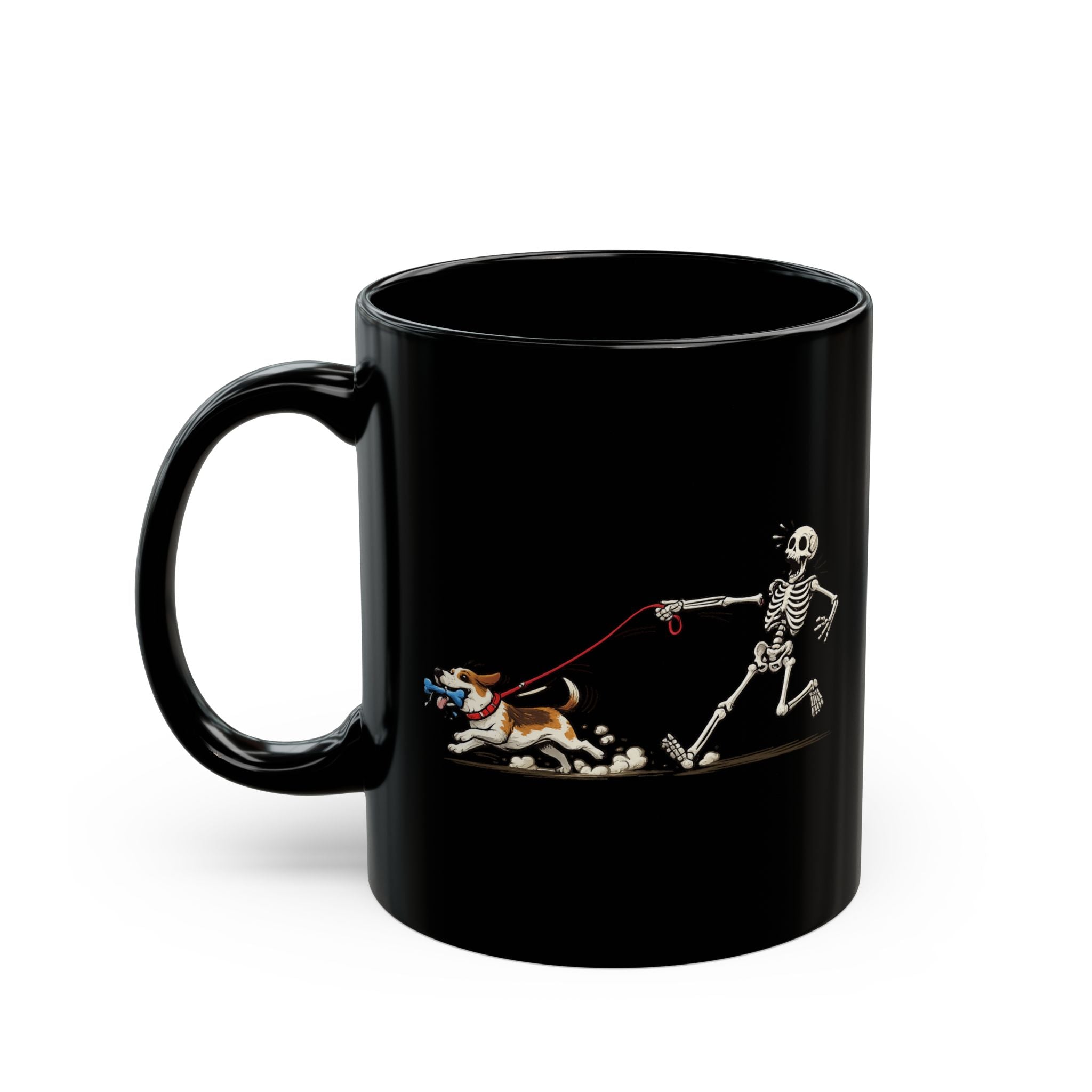 Running Skeleton & Dog Black Mug — Funny Halloween Coffee Cup (11oz)