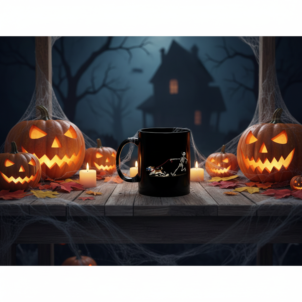 Running Skeleton & Dog Black Mug — Funny Halloween Coffee Cup (11oz)