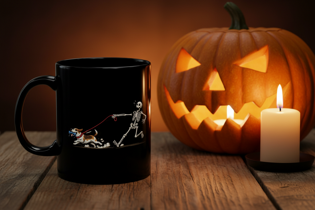 Running Skeleton & Dog Black Mug — Funny Halloween Coffee Cup (11oz)