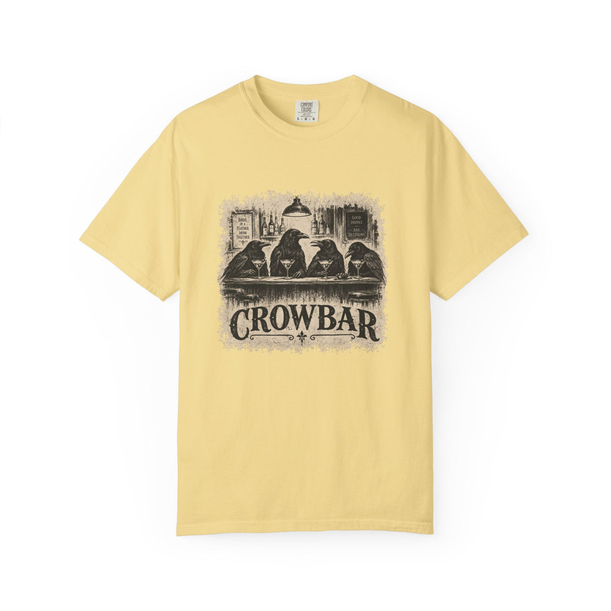 A pale yellow short-sleeve crewneck t-shirt featuring a black graphic print of four crows sitting at a bar with the word 'CROWBAR' underneath, displayed on a clean white background.
