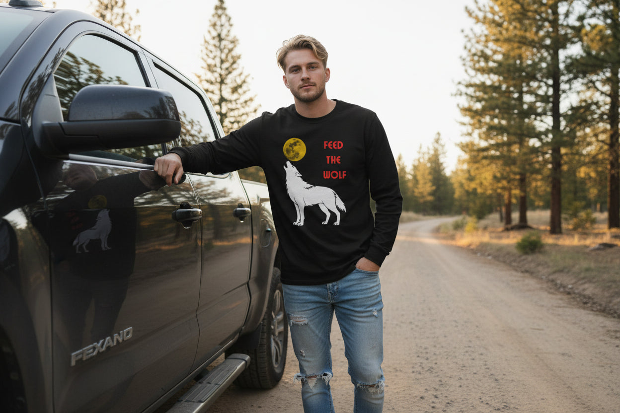 Feed the Wolf Long Sleeve Shirt | Howling Wolf Moon Graphic Tee - Mutantur Labs LLC
