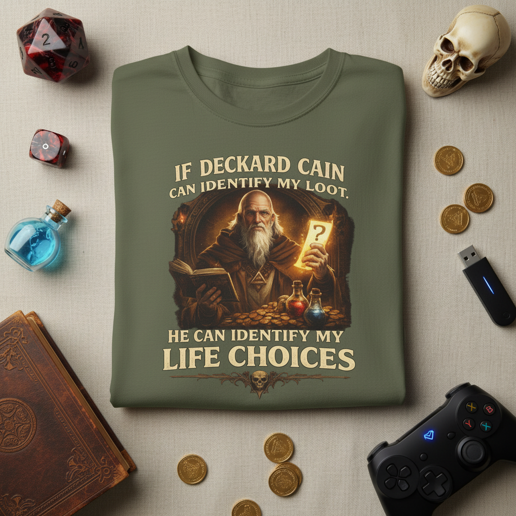 Deckard Cain Diablo RPG gamer tee, close-up of design