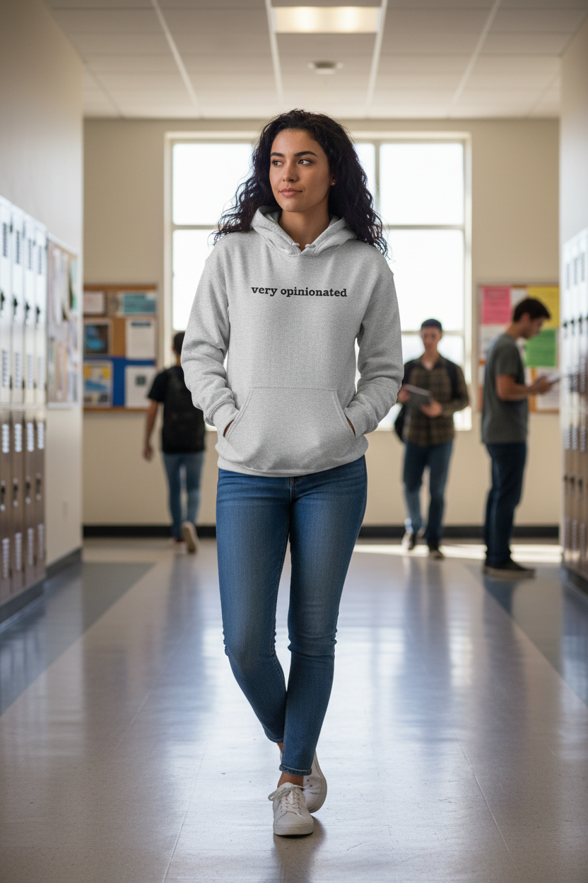 Very Opinionated minimal text pullover hoodie, alternate angle