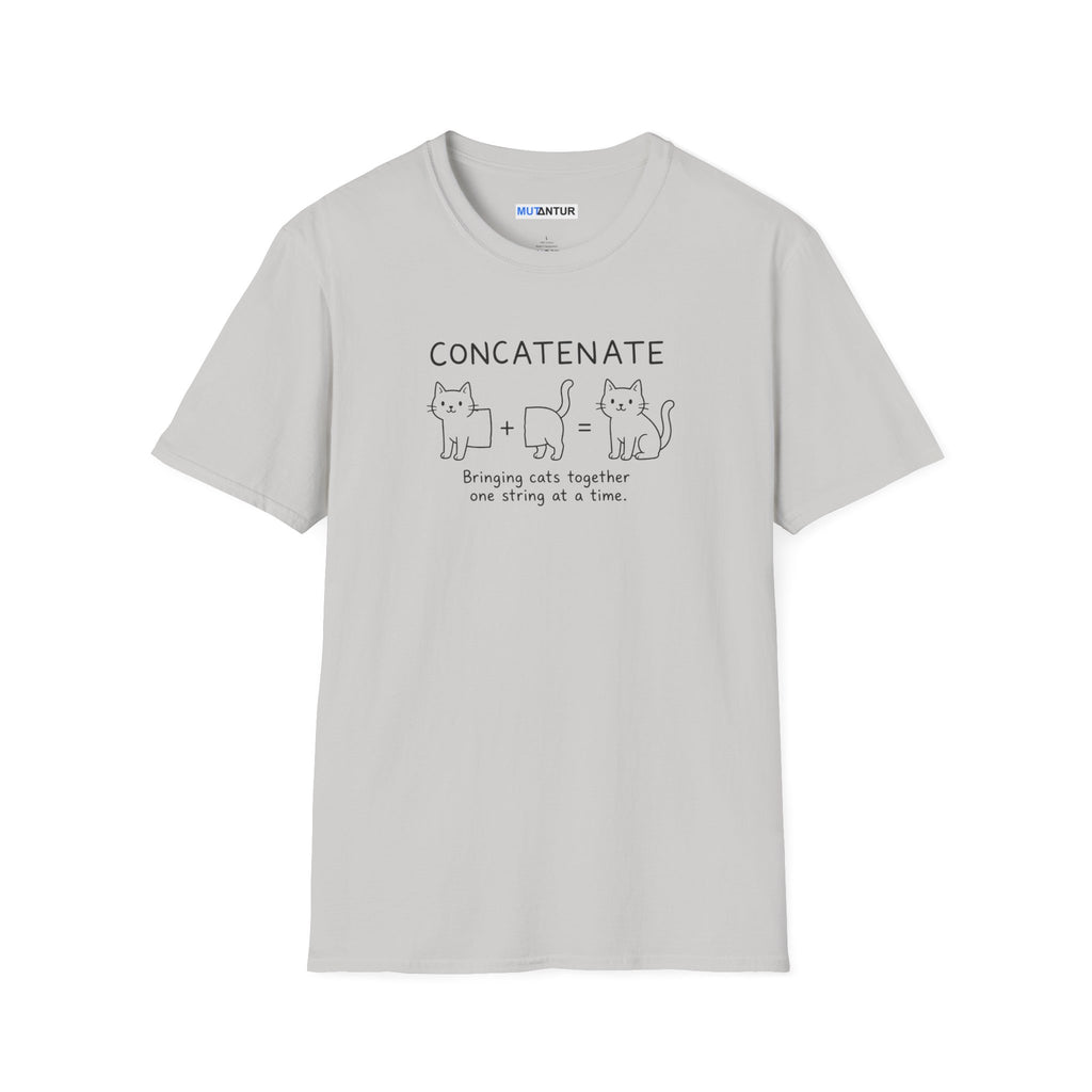 A grey short-sleeve t-shirt with a black graphic print on the front. The graphic features the word 'CONCATENATE' above three cartoon cats and the phrase 'Bringing cats together one string at a time.
