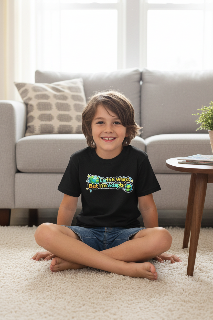 Earth Is Weird But I’m Adapting Youth T-Shirt — Funny Alien Kids Graphic Tee
