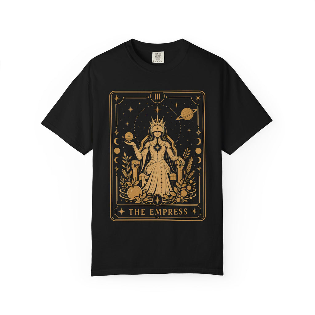 A Black t-shirt featuring The Starseer from the Future Arcana collection, inspired by The High Priestess tarot card. A serene cosmic mystic holds a glowing celestial sphere within an elegant Art Deco frame rendered in gold line art.