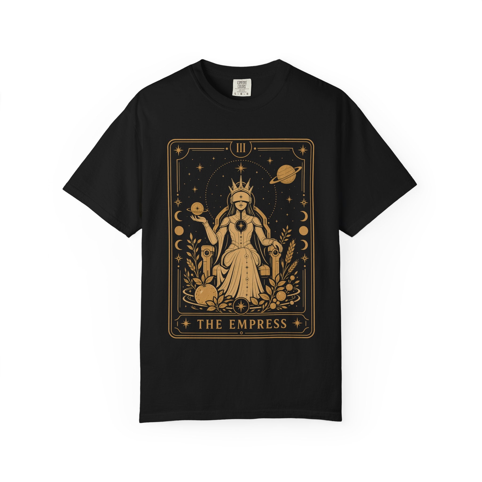A Black t-shirt featuring The Starseer from the Future Arcana collection, inspired by The High Priestess tarot card. A serene cosmic mystic holds a glowing celestial sphere within an elegant Art Deco frame rendered in gold line art.