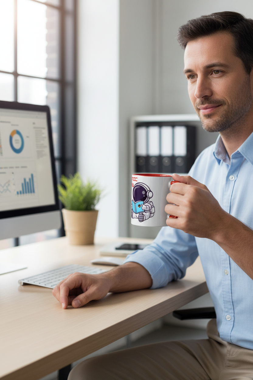 Cosmic Brew astronaut coffee mug with red handle and rim, held by a man seated at an office desk with a computer monitor showing charts