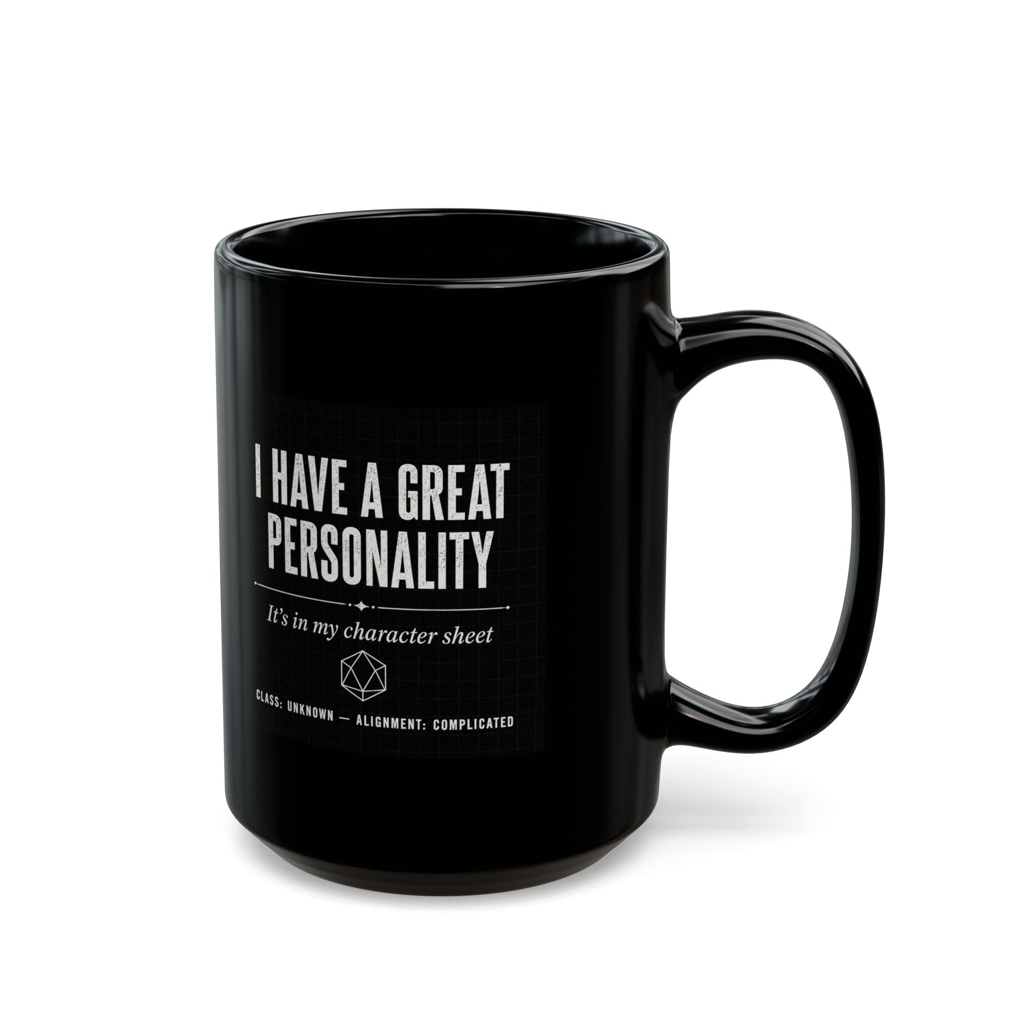 Mug — "I Have a Great Personality" RPG Character Sheet Coffee Mug (Black, 15oz)