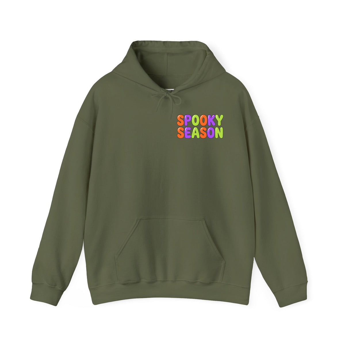 A military green hoodie with a colorful graphic on the chest that reads 'SPOOKY SEASON' in a rainbow gradient font, displayed against a solid white background.