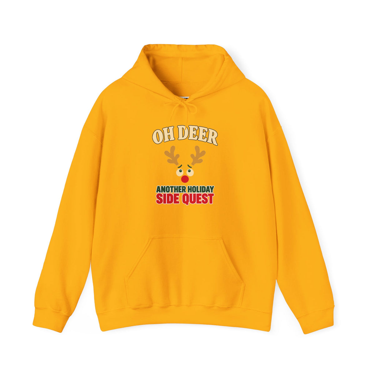 A bright yellow hoodie with a graphic on the chest. The graphic features the text 'OH DEER' in a beige arched font above a cartoon reindeer face with gold antlers and a red nose, followed by the text 'ANOTHER HOLIDAY SIDE QUEST' in green and red.
