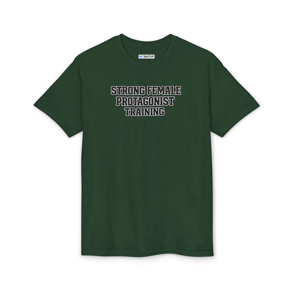 green t-shirt with a small logo on the chest against a white background