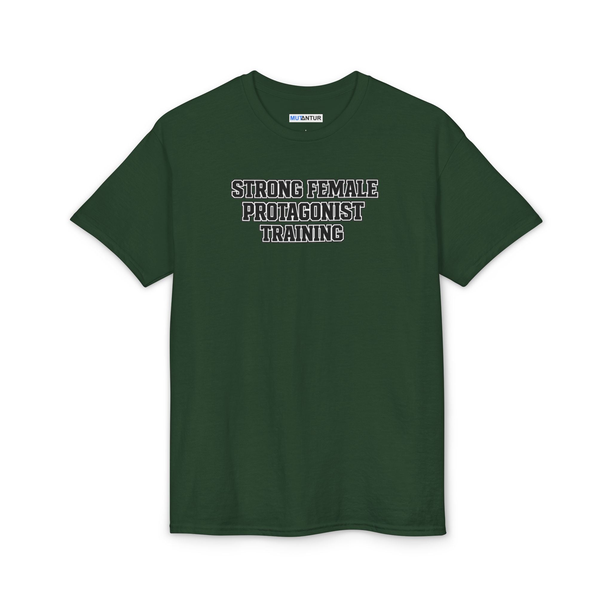 green t-shirt with a small logo on the chest against a white background