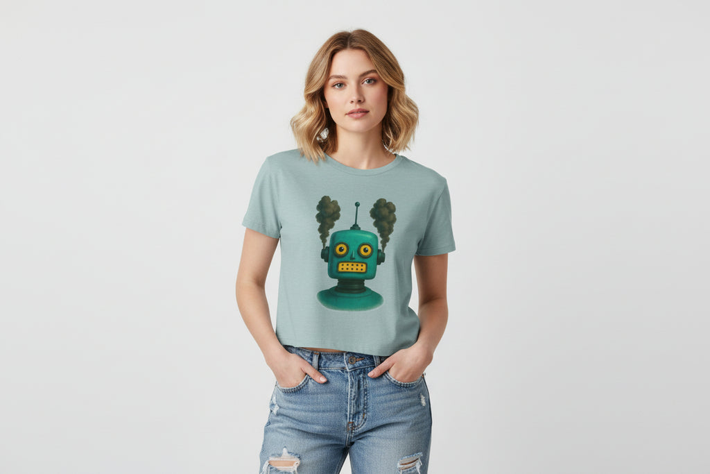 Retro Steampunk Robot Crop Top – Green Sci-Fi Graphic Top - Mutantur Labs LLC