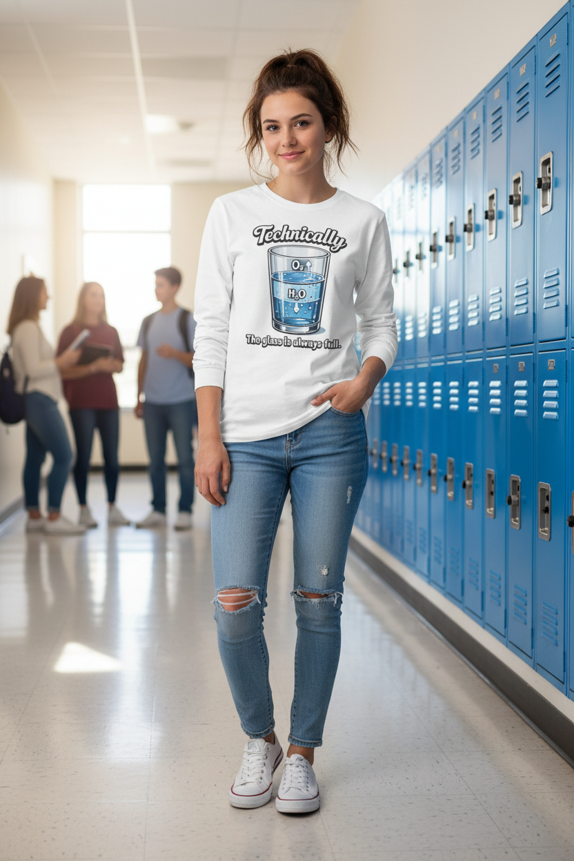 Technically the Glass Is Always Full science H2O long sleeve tee, on-model back view
