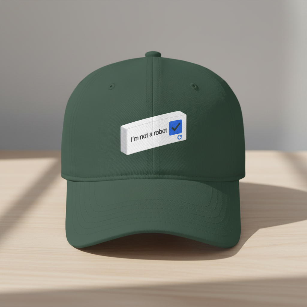 I'm Not a Robot checkbox CAPTCHA humor low profile baseball cap in dark green, front view