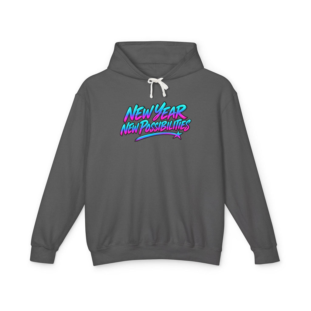 A dark gray pullover hoodie with a colorful graphic on the chest reading 'NEW YEAR NEW POSSIBILITIES' in a neon pink, blue, and purple gradient font, shown on a plain white background.