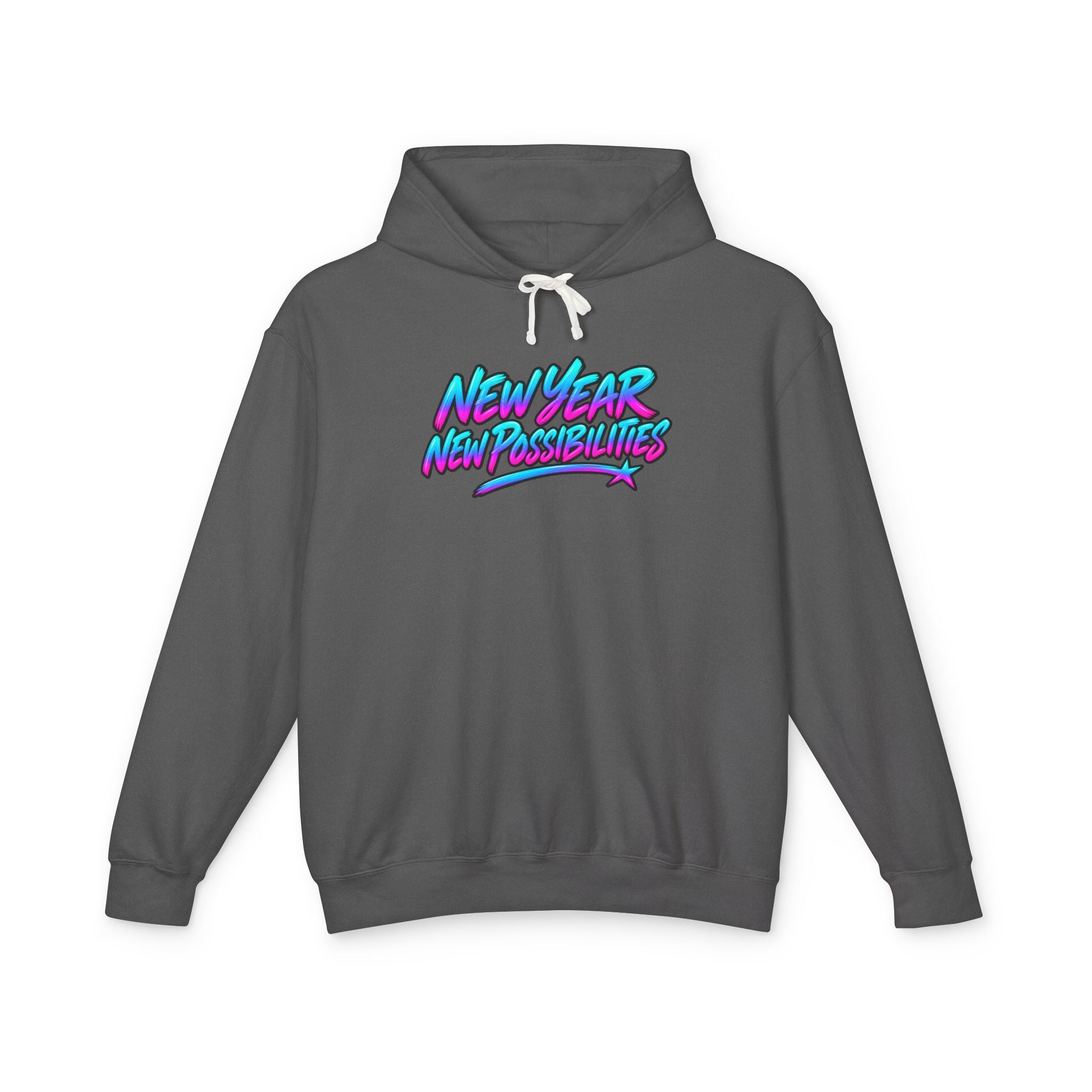 A dark gray pullover hoodie with a colorful graphic on the chest reading 'NEW YEAR NEW POSSIBILITIES' in a neon pink, blue, and purple gradient font, shown on a plain white background.