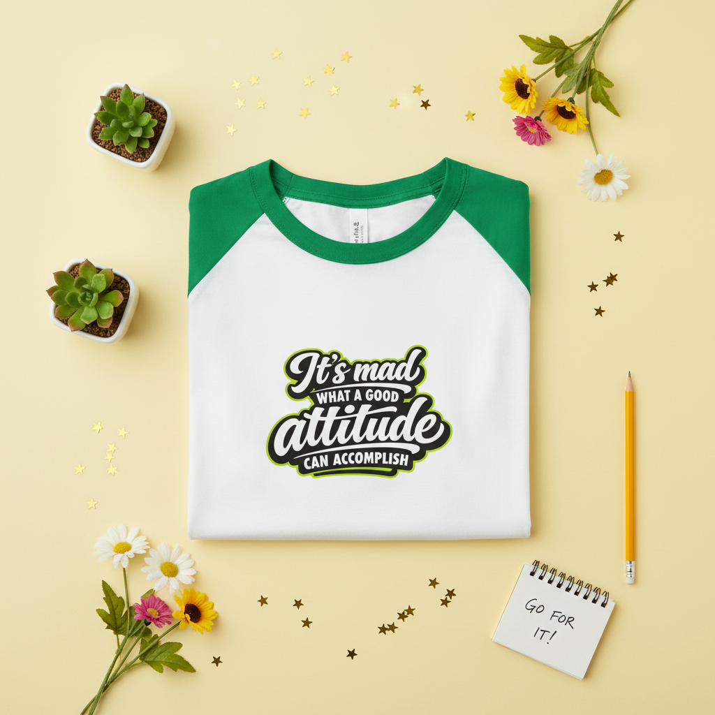 A white raglan baseball tee with green sleeves, printed with the phrase 'It's Mad What a Good Attitude Can Accomplish' in yellow and black.
