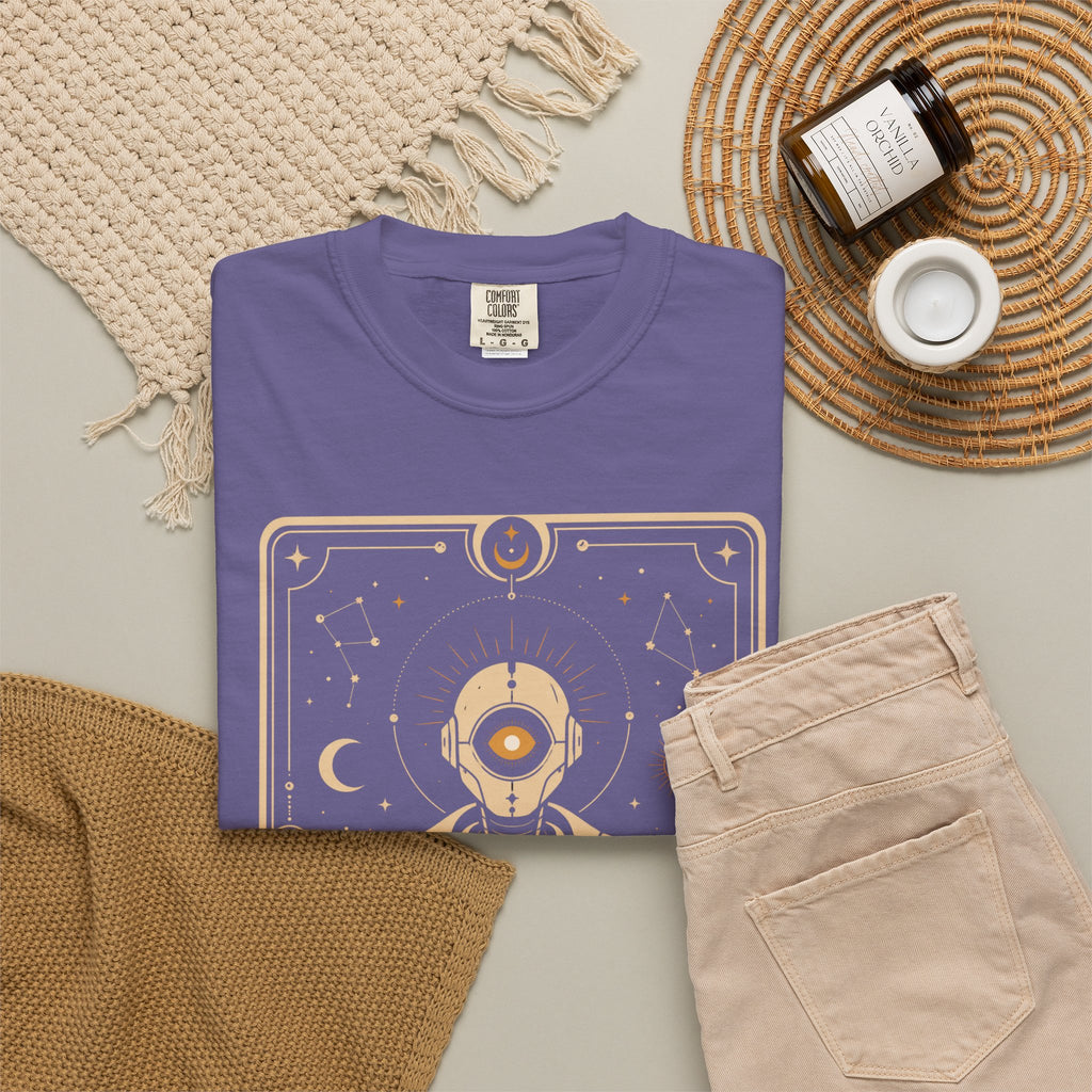 Oracle Droid Tarot T‑Shirt — Retro Sci‑Fi Tarot Robot Graphic Comfort Colors Tee - Mutantur Labs LLC