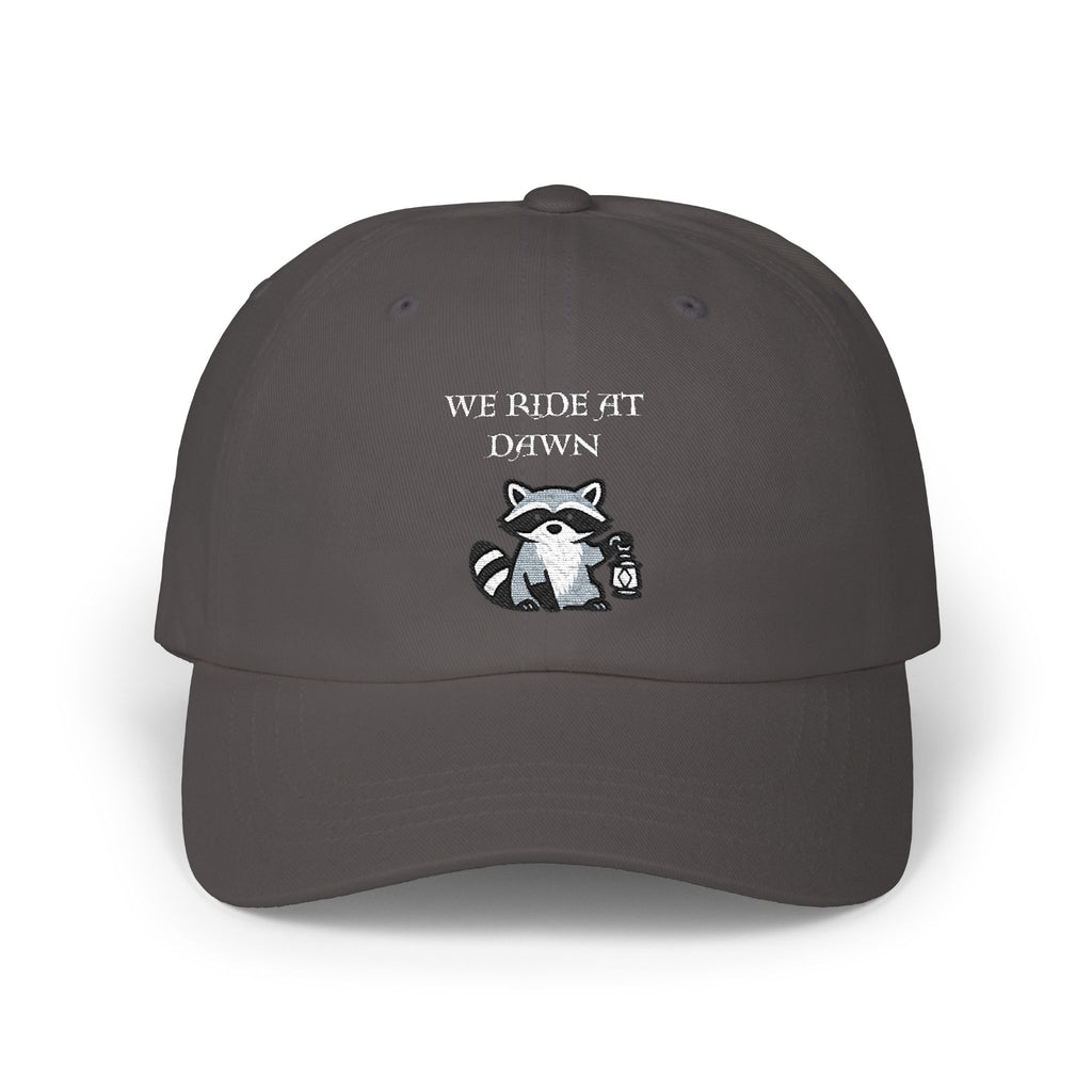 Raccoon Holding Lamp We Ride At Dawn Dad Cap | Classic Fantasy embroidered Baseball Hat - Mutantur Labs LLC