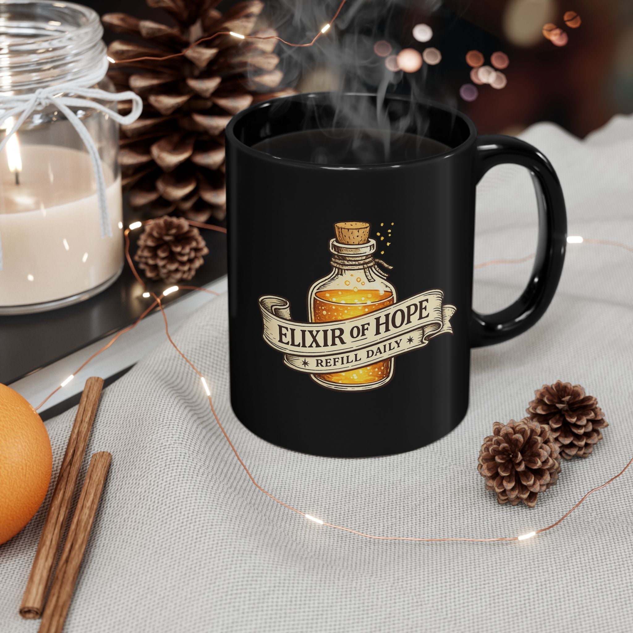 Elixir of Hope Black Ceramic Mug | Fantasy Potion Coffee Mug, 11 oz