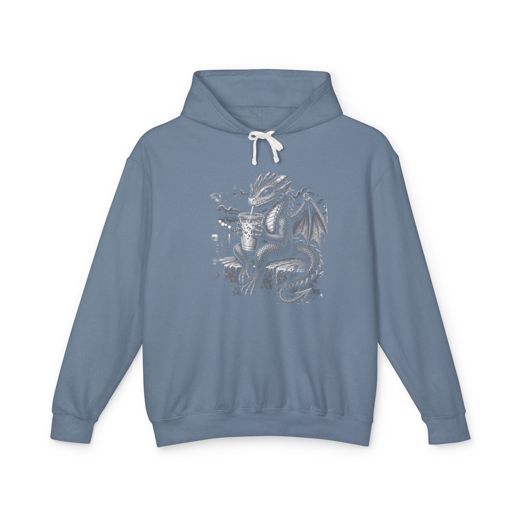 A dusty blue pullover hoodie with a white graphic of a dragon holding a drink on the chest, displayed against a solid white background.