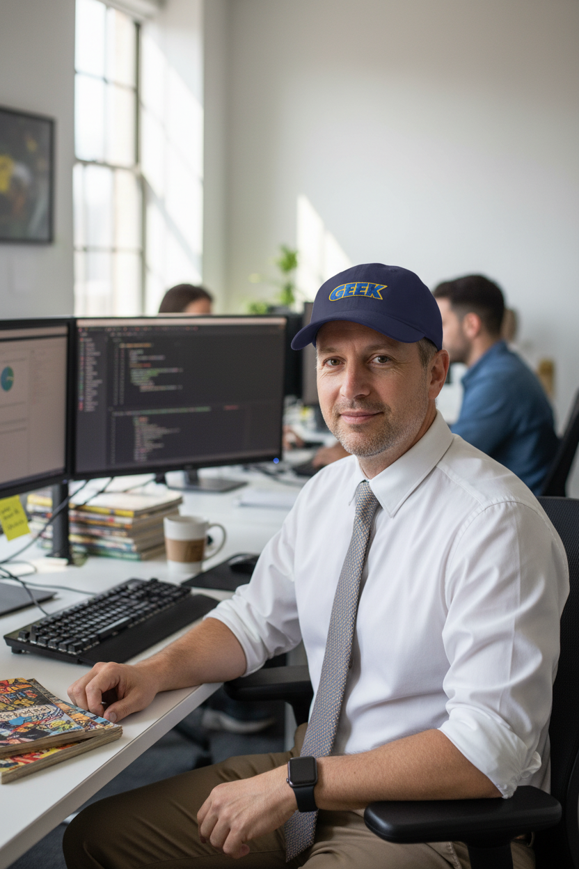 Geek Embroidered Low Profile Baseball Cap — Retro Blue & Gold Logo Hat - Mutantur Labs LLC