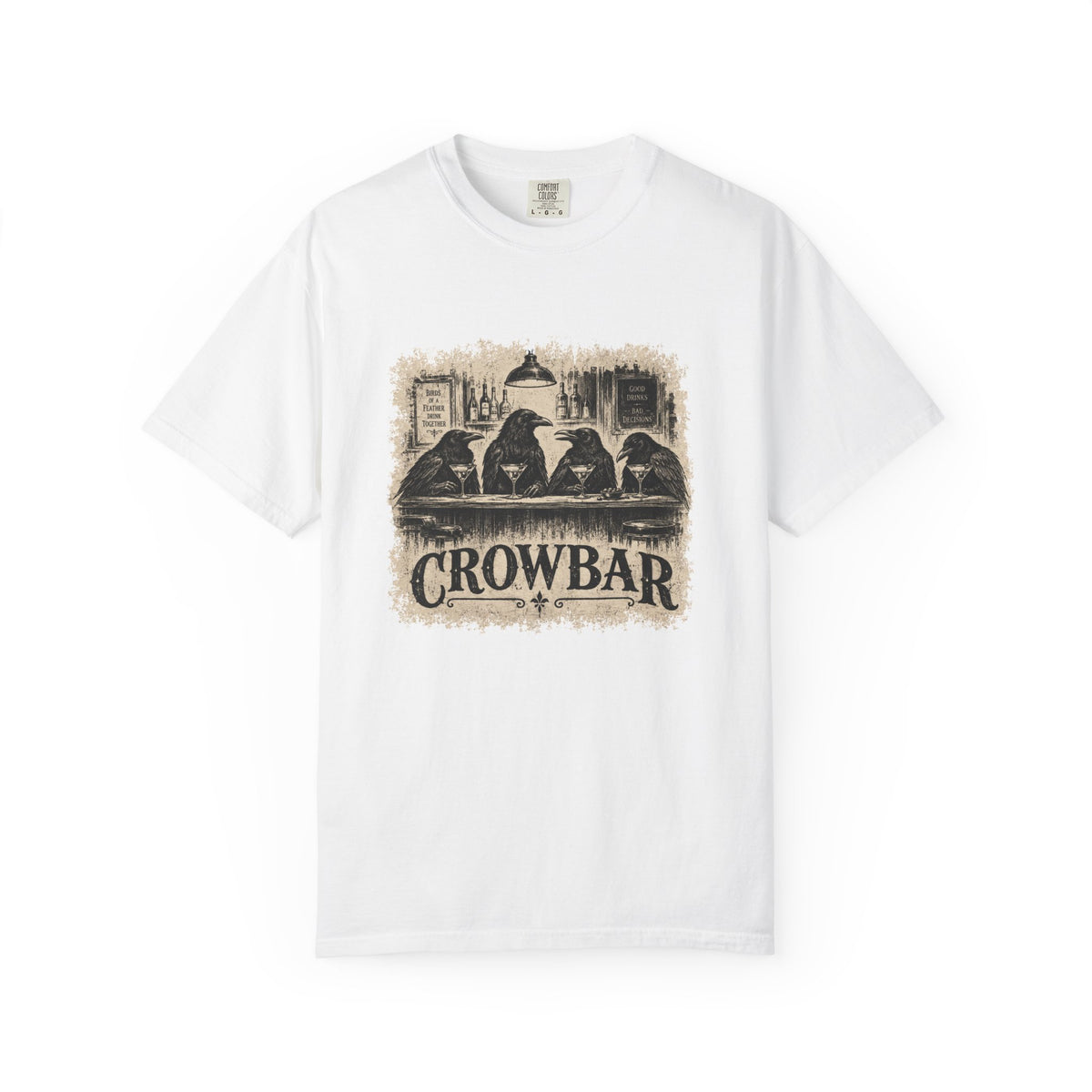 A white short-sleeve crewneck t-shirt featuring a vintage-style graphic print of four crows sitting at a bar with the word 'CROWBAR' underneath, displayed on a clean white background.