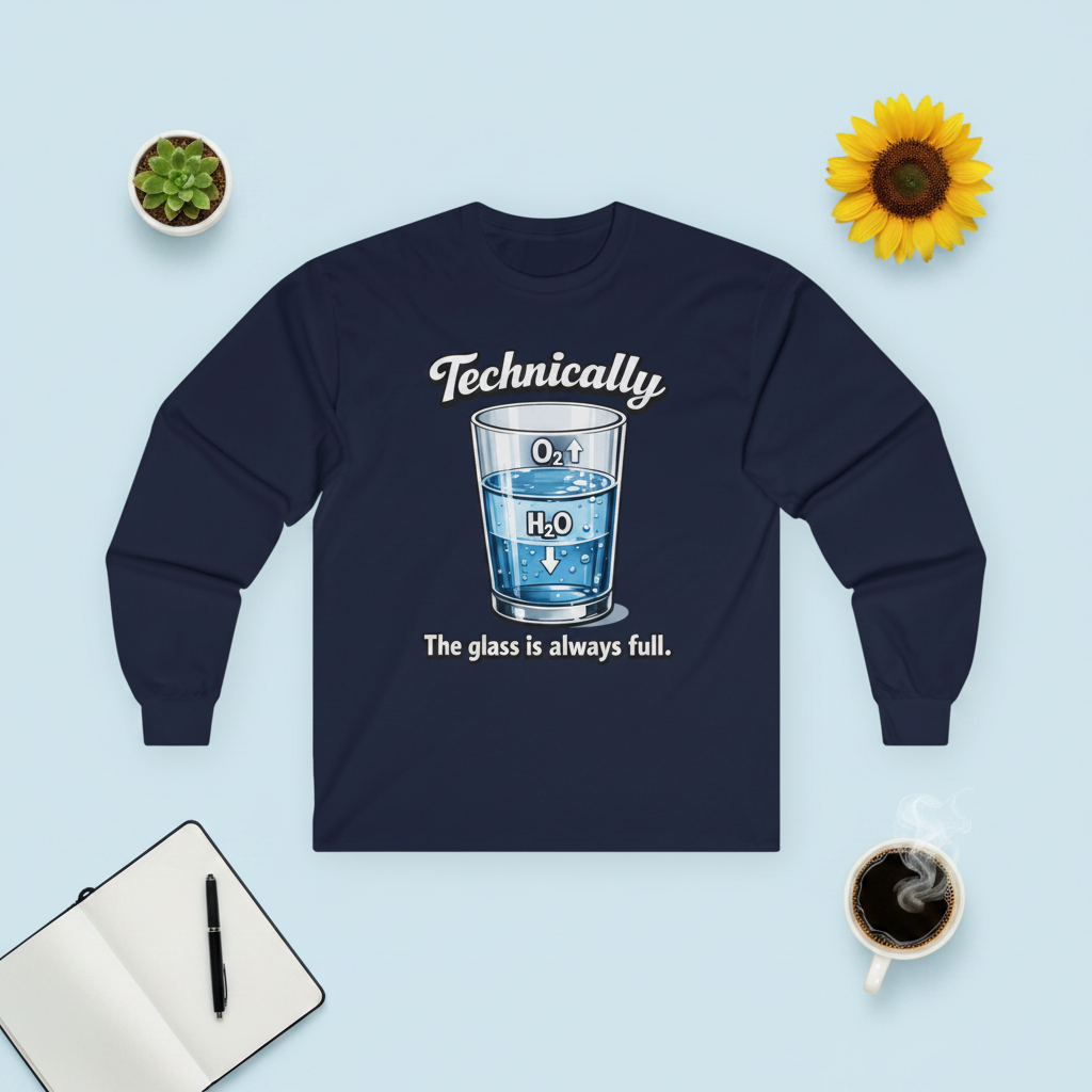 Technically the Glass Is Always Full science H2O long sleeve tee, front view