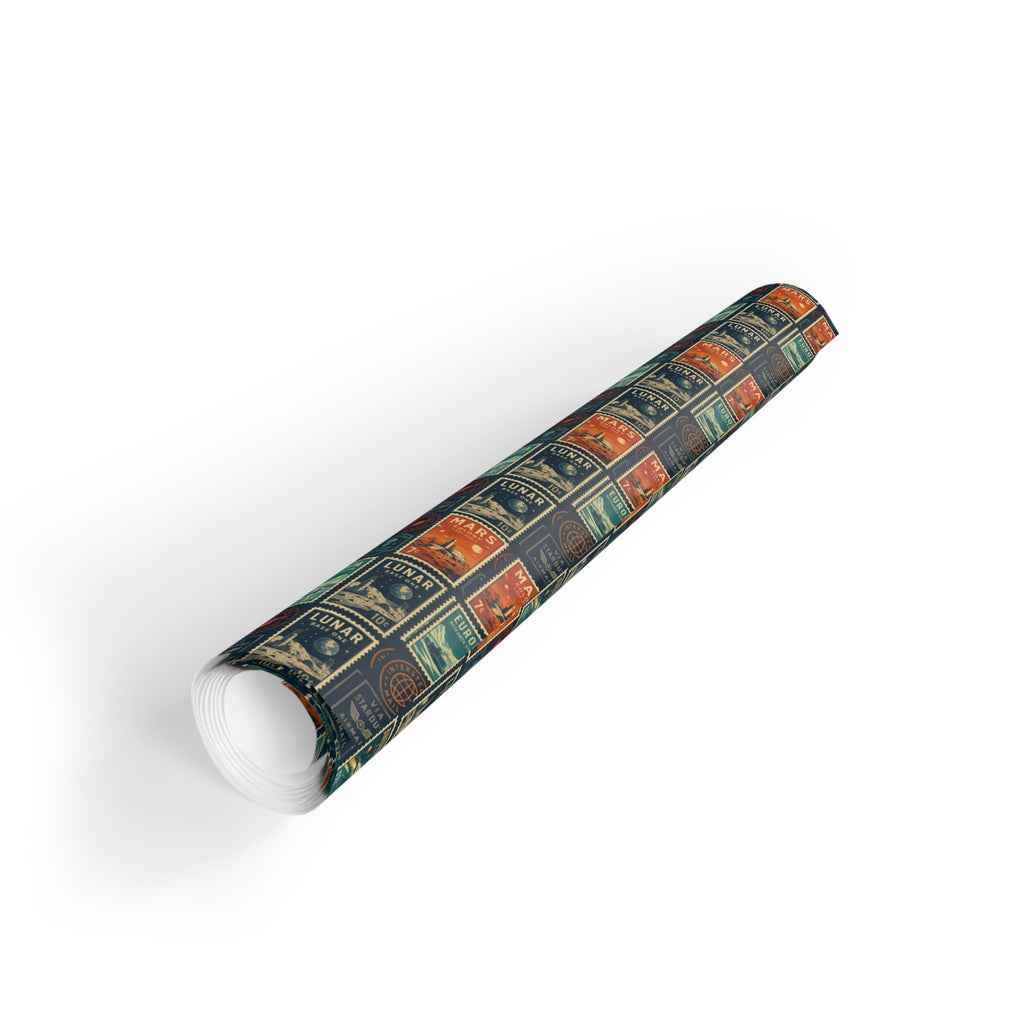 Vintage Planet Postage Stamp Gift Wrap Roll — Retro Travel Wrapping Paper