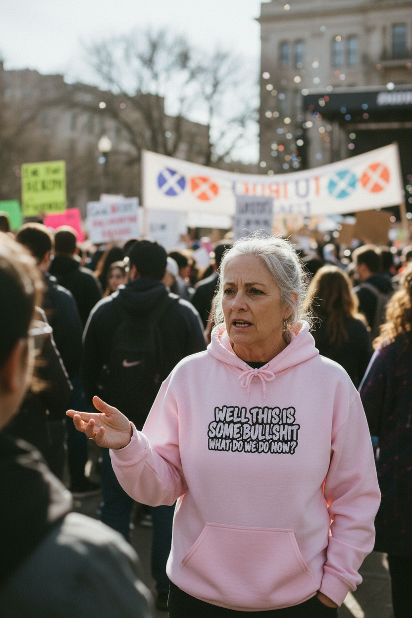 A woman at an outdoor protest wearing a light pink hoodie with the text 'WELL THIS IS SOME BULLSHIT WHAT DO WE DO NOW?' in black block letters. The background shows a crowd of people, banners, and city buildings under bright daylight.