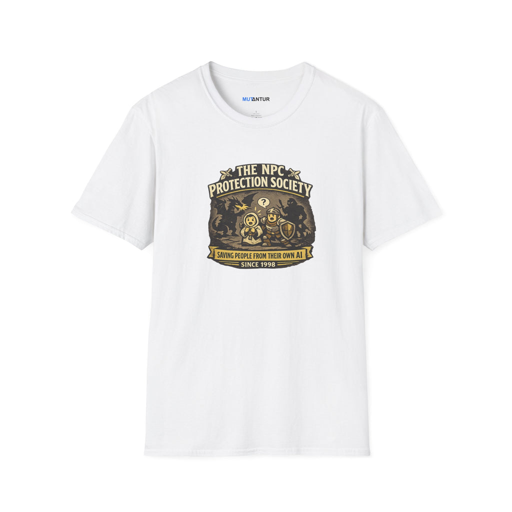 A white short-sleeve crewneck t-shirt featuring a vintage-style graphic on the chest that reads 'The NPC Protection Society' with a gold and dark brown emblem.