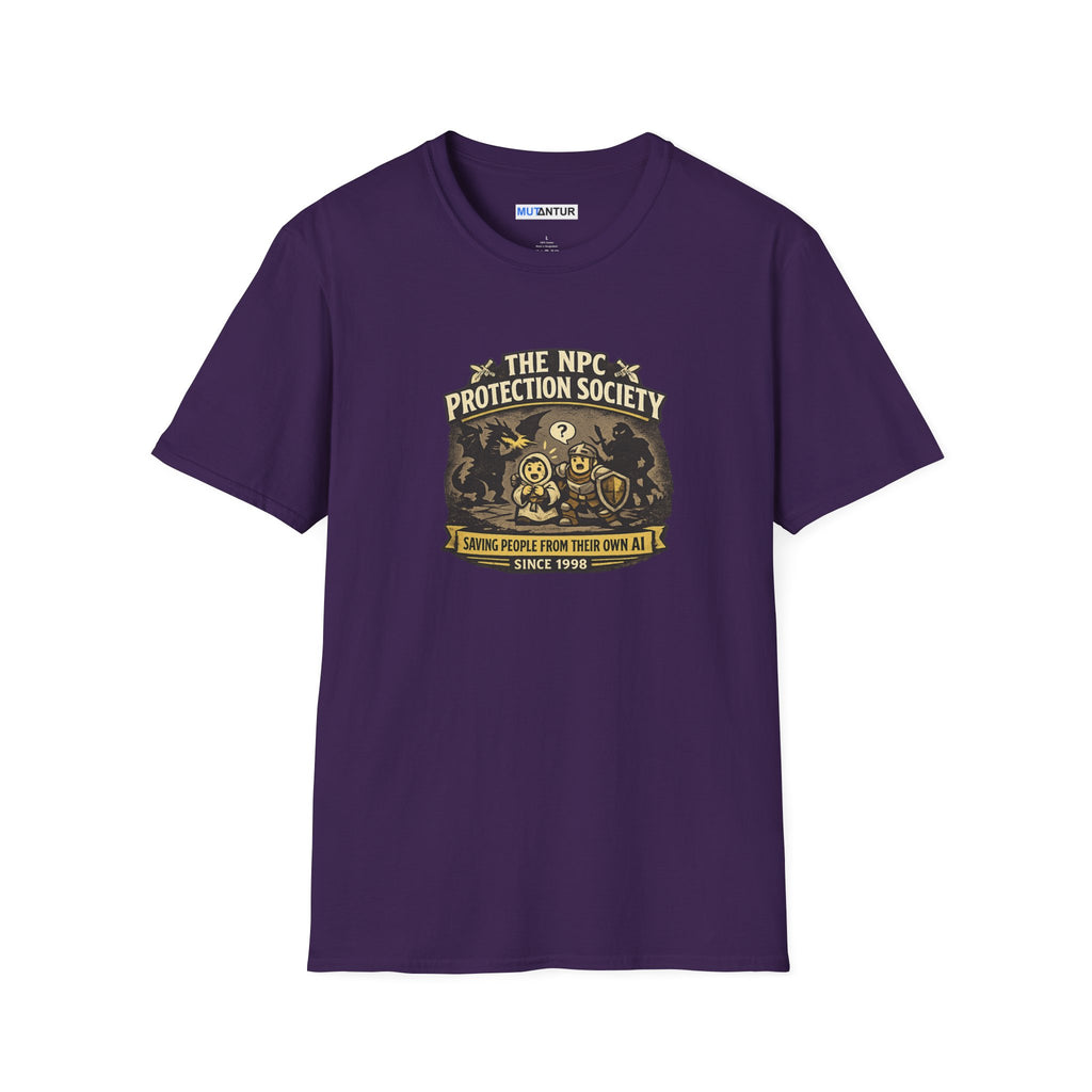 A slate blue crewneck t-shirt featuring a vintage-style graphic on the chest that reads 'The NPC Protection Society' with a gold and black illustration of a guard and shield.