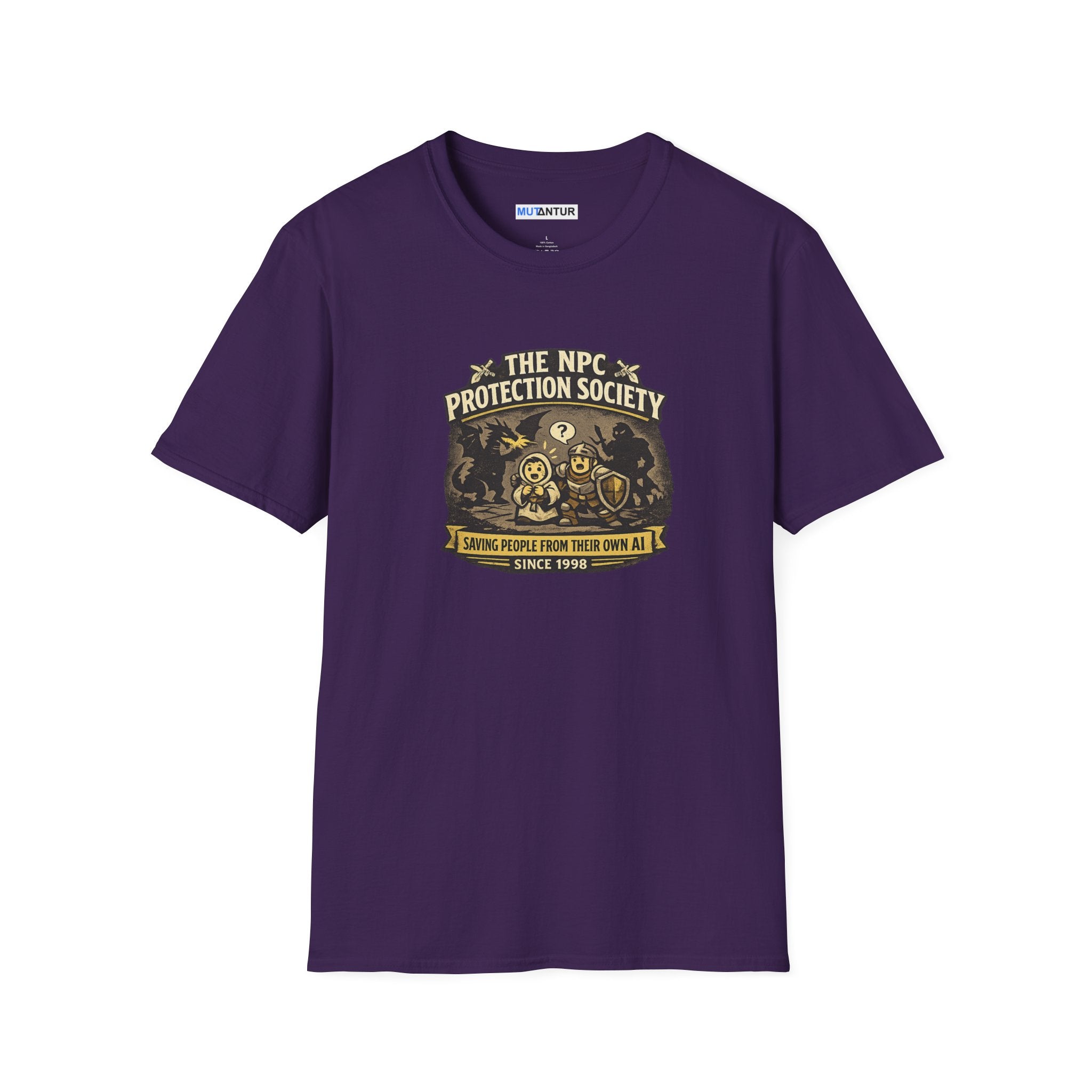 A slate blue crewneck t-shirt featuring a vintage-style graphic on the chest that reads 'The NPC Protection Society' with a gold and black illustration of a guard and shield.