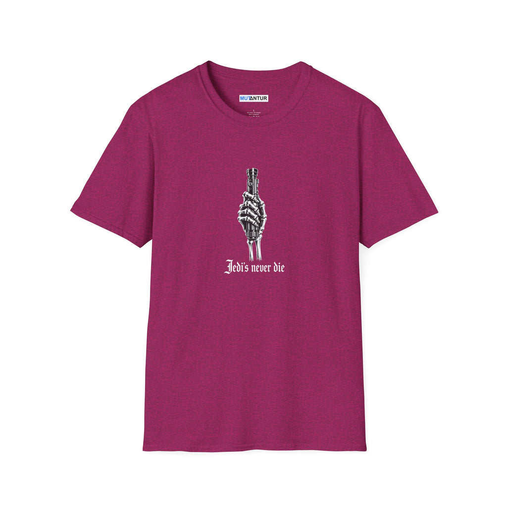 Pink T-shirt depicting a skeleton hand holding a Light Saber hilt with the words Jedis Never Die