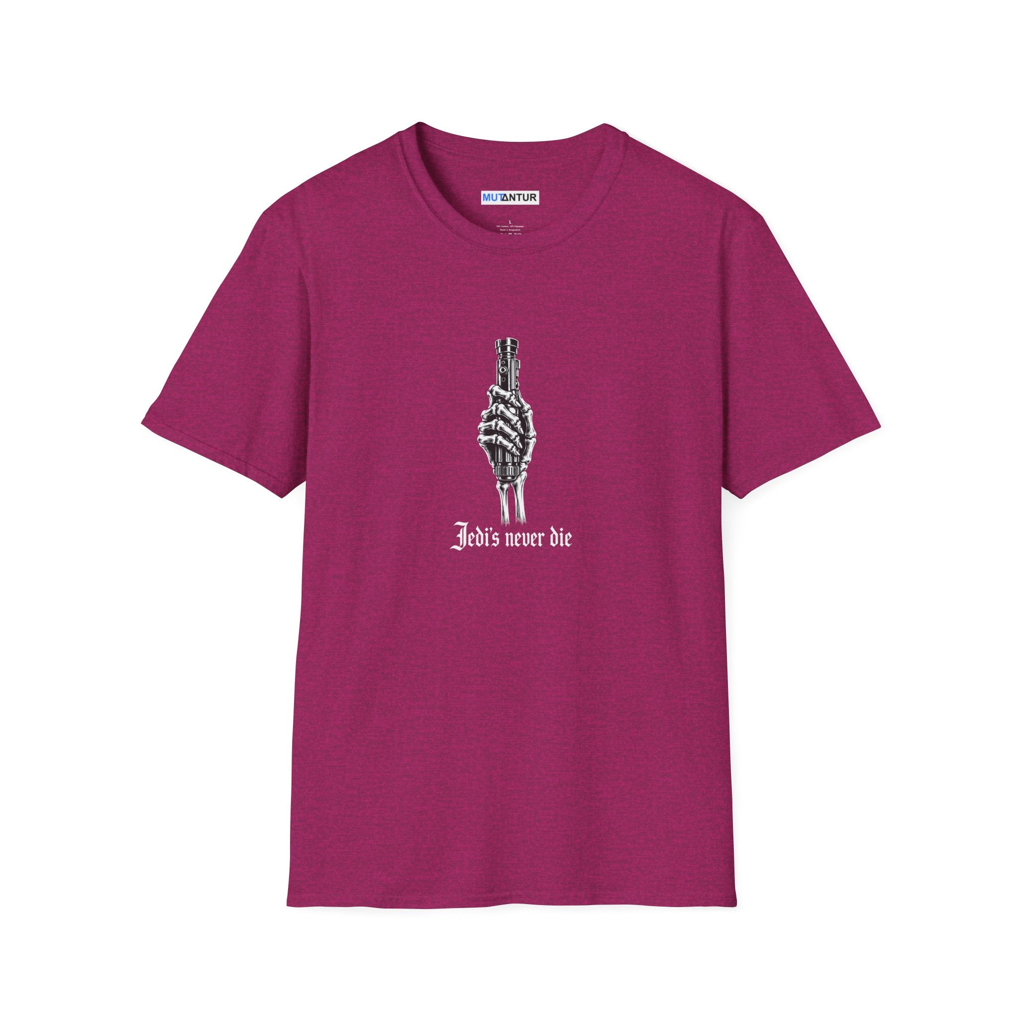 Pink T-shirt depicting a skeleton hand holding a Light Saber hilt with the words Jedis Never Die