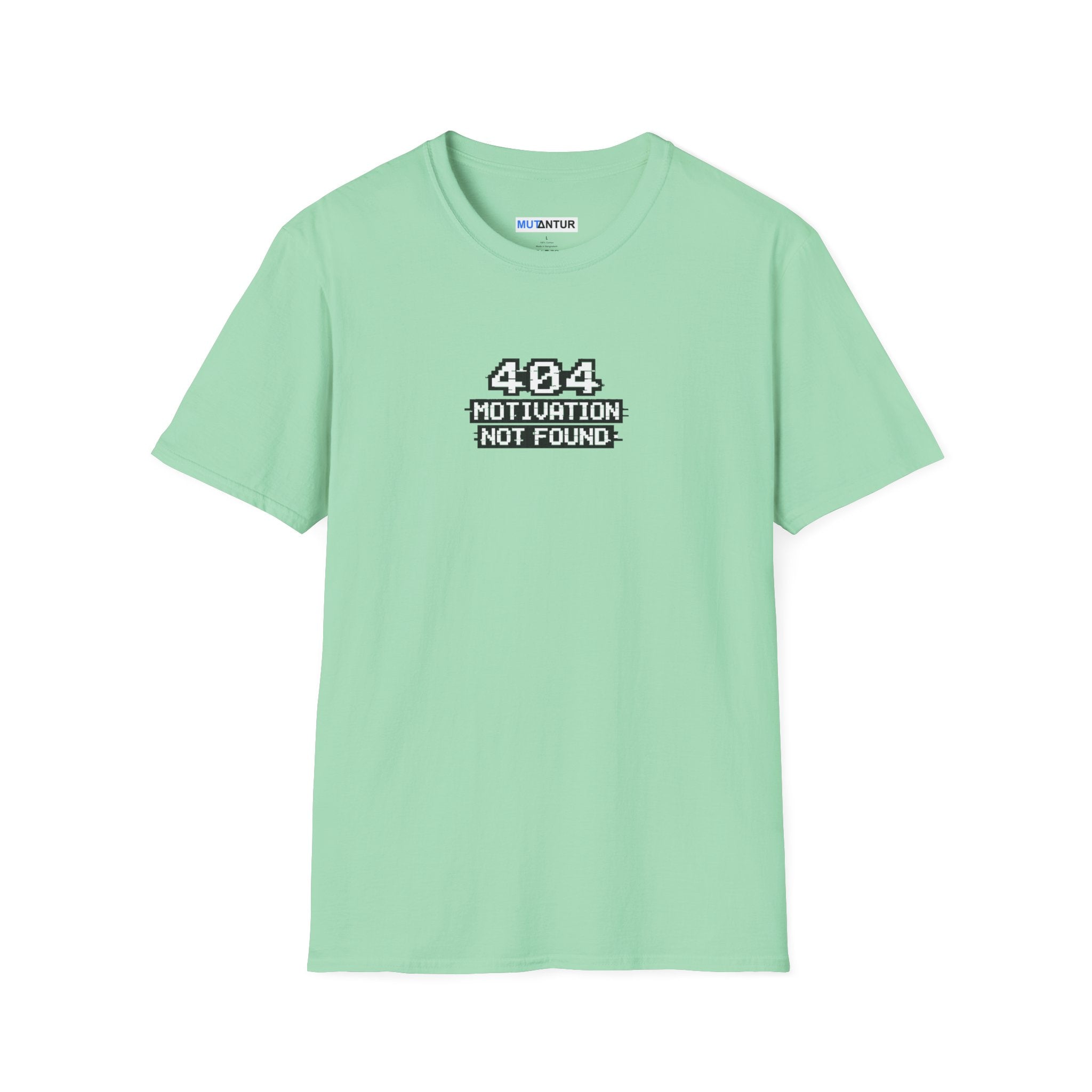Mint green t-shirt with graphic design that says 404 Motivation Not Found