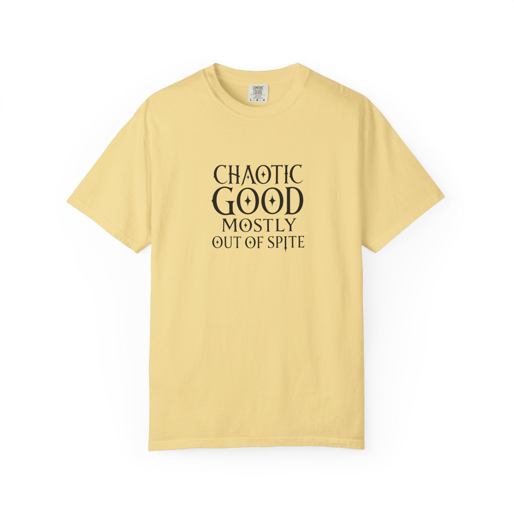 A pale yellow short-sleeve crewneck t-shirt with the phrase 'CHAOTIC GOOD MOSTLY OUT OF SPITE' printed in black serif text on the chest, displayed against a solid white background.