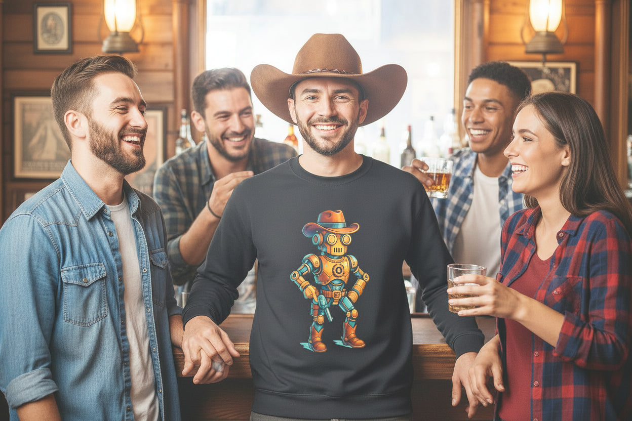 Steampunk Cowboy Robot Sweatshirt | Retro Western Graphic Crewneck - Mutantur Labs LLC