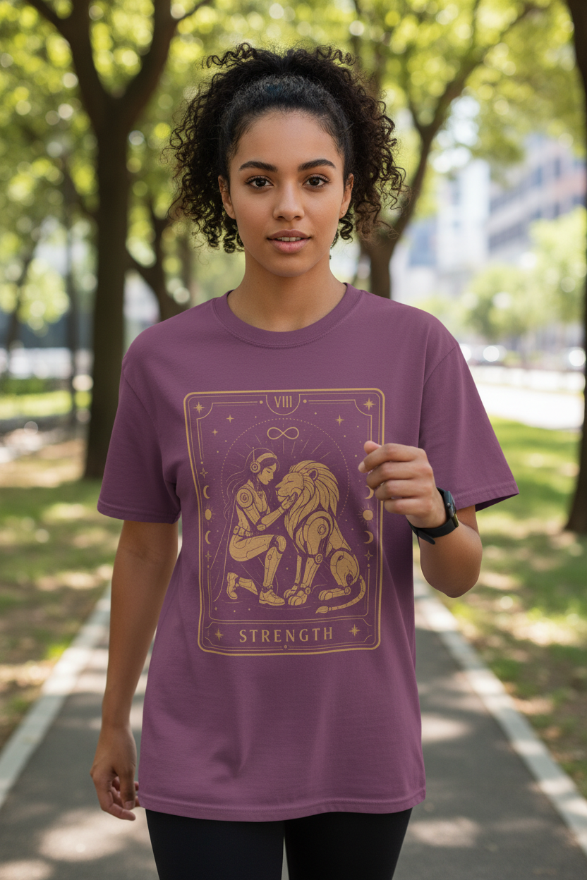 A purple short-sleeve crewneck t-shirt featuring a gold tarot card graphic of a woman and lion with the word 'STRENGTH' on the front, displayed against a plain white background.